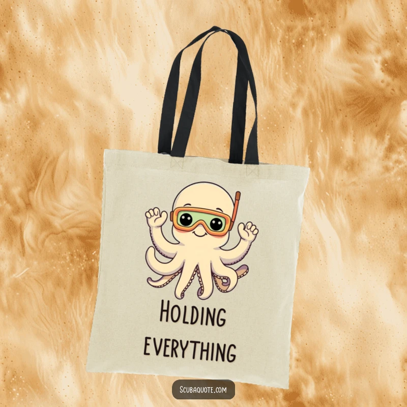 Funny tote bag with a happy octopus in a snorkel mask waving with all eight arms, ideal for beach trips and ocean lovers.