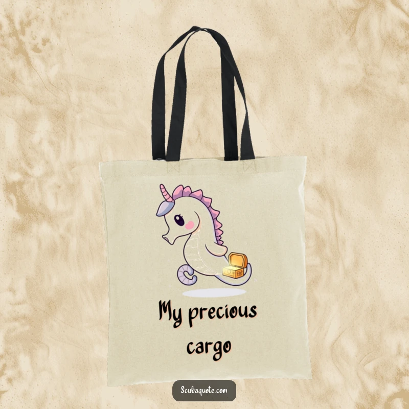 Funny seahorse tote bag with a delighted seahorse chasing a treasure chest, great for shopping and daily use.