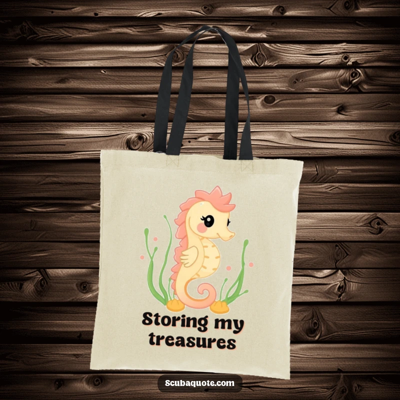Funny tote bag with a happy seahorse gracefully swimming through seaweed, perfect for carrying items with a touch of ocean elegance.