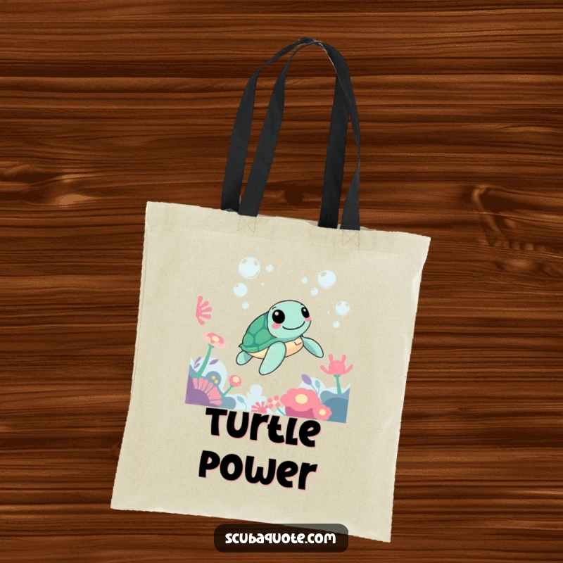 Funny tote bag showing a happy sea turtle swimming gracefully past colorful anemones and bubbly water.